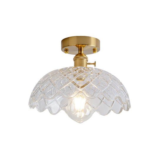 Industrial Brass Semi Flush Ceiling Light with Dome/Barn/Flower Shade - Amber/Clear Textured Glass - Ideal for Living Room