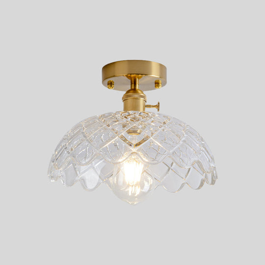 Industrial Brass Semi Flush Ceiling Light with Dome/Barn/Flower Shade - Amber/Clear Textured Glass - Ideal for Living Room