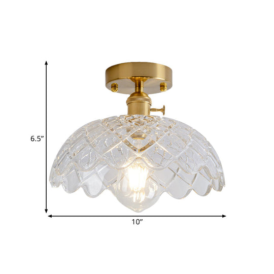 Industrial Brass Semi Flush Ceiling Light with Dome/Barn/Flower Shade - Amber/Clear Textured Glass - Ideal for Living Room