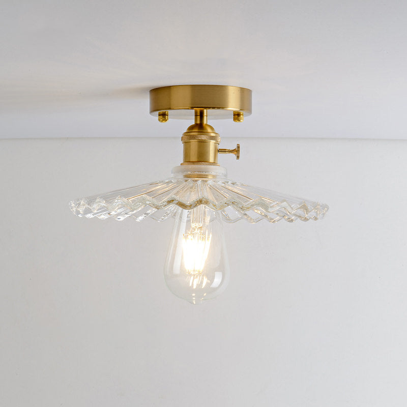 Industrial Brass Semi Flush Ceiling Light with Dome/Barn/Flower Shade - Amber/Clear Textured Glass - Ideal for Living Room