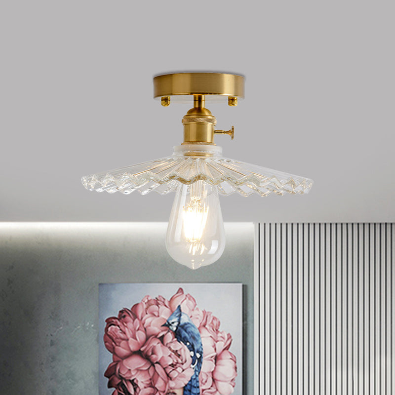 Industrial Brass Semi Flush Ceiling Light with Dome/Barn/Flower Shade - Amber/Clear Textured Glass - Ideal for Living Room