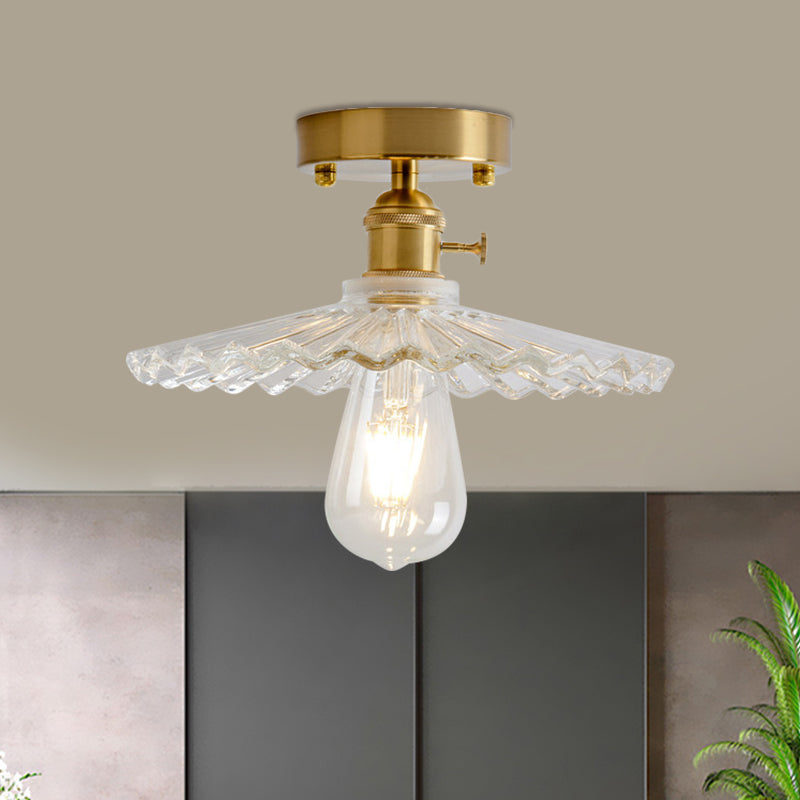 Industrial Brass Semi Flush Ceiling Light with Dome/Barn/Flower Shade - Amber/Clear Textured Glass - Ideal for Living Room