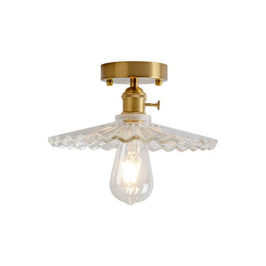 Industrial Brass Semi Flush Ceiling Light with Dome/Barn/Flower Shade - Amber/Clear Textured Glass - Ideal for Living Room