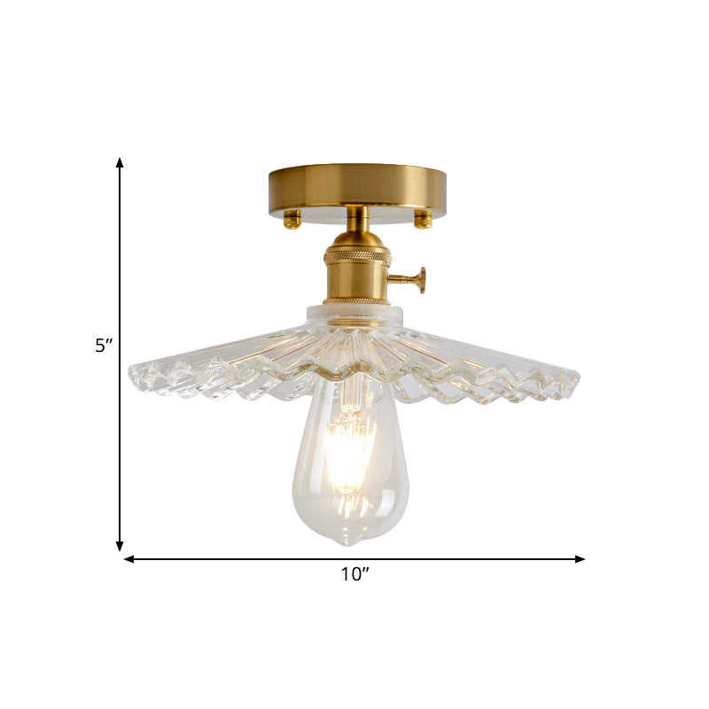 Industrial Brass Semi Flush Ceiling Light with Dome/Barn/Flower Shade - Amber/Clear Textured Glass - Ideal for Living Room