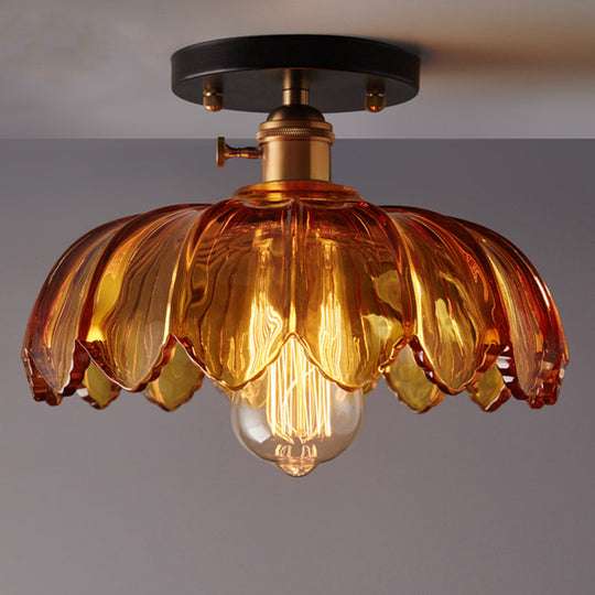 Industrial Prismatic Glass Semi-Flush Ceiling Light with Scalloped Design - White/Amber