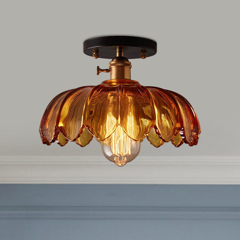 Industrial Prismatic Glass Semi-Flush Ceiling Light with Scalloped Design - White/Amber