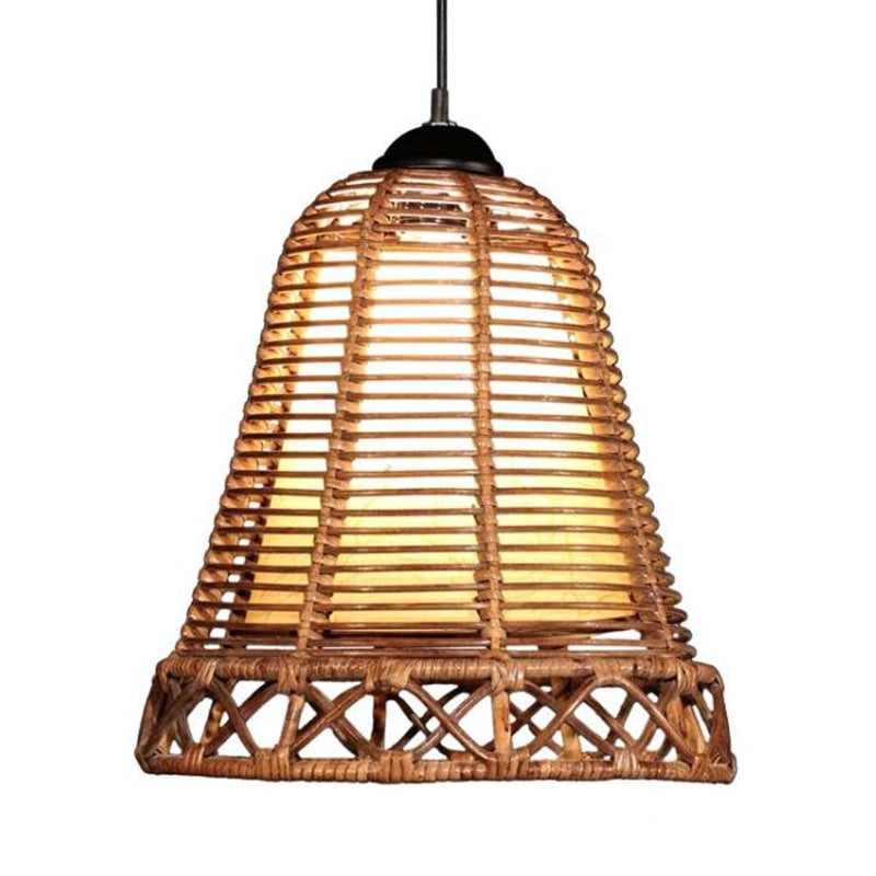 Rustic Rattan Bell-Shaped Hanging Light: Beige 1-Head Drop Light For Living Room & Restaurant