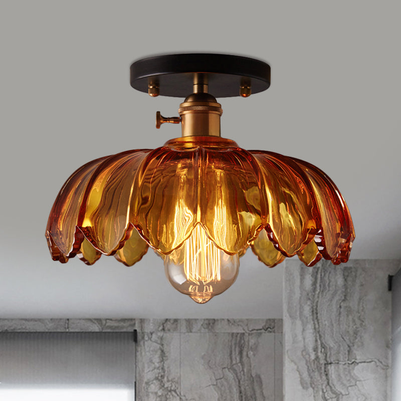 Industrial Prismatic Glass Semi-Flush Ceiling Light with Scalloped Design - White/Amber