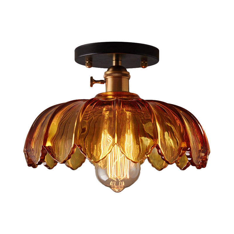 Industrial Prismatic Glass Semi-Flush Ceiling Light with Scalloped Design - White/Amber