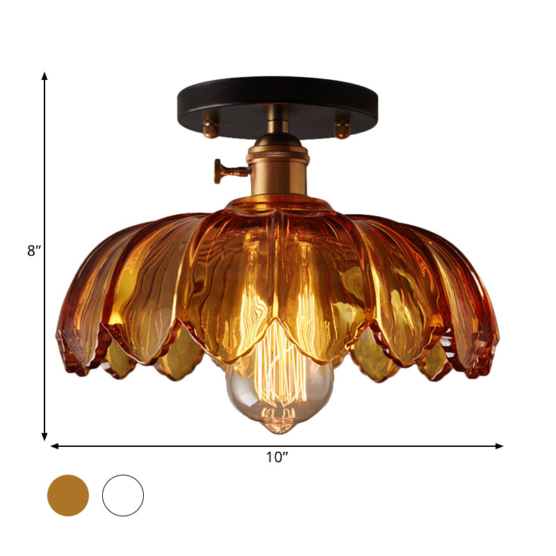 Industrial Prismatic Glass Semi-Flush Ceiling Light with Scalloped Design - White/Amber