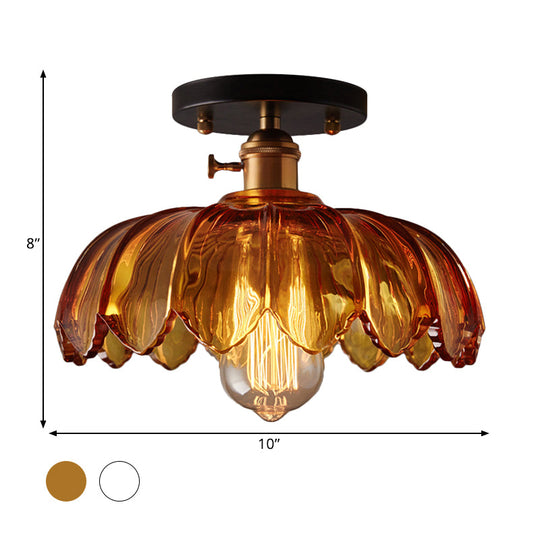 Industrial Prismatic Glass Semi-Flush Ceiling Light with Scalloped Design - White/Amber