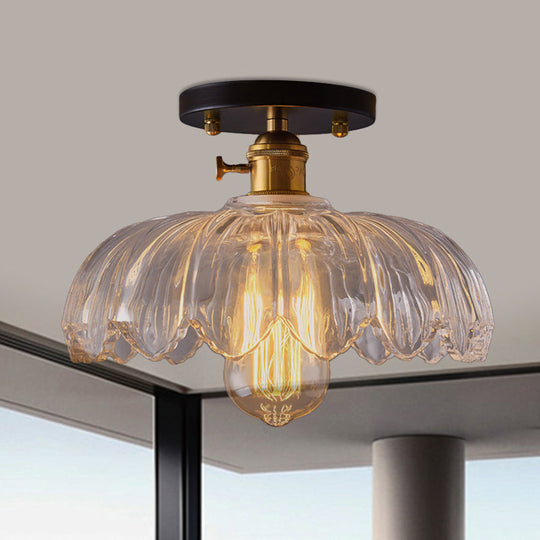 Industrial Prismatic Glass Semi-Flush Ceiling Light with Scalloped Design - White/Amber