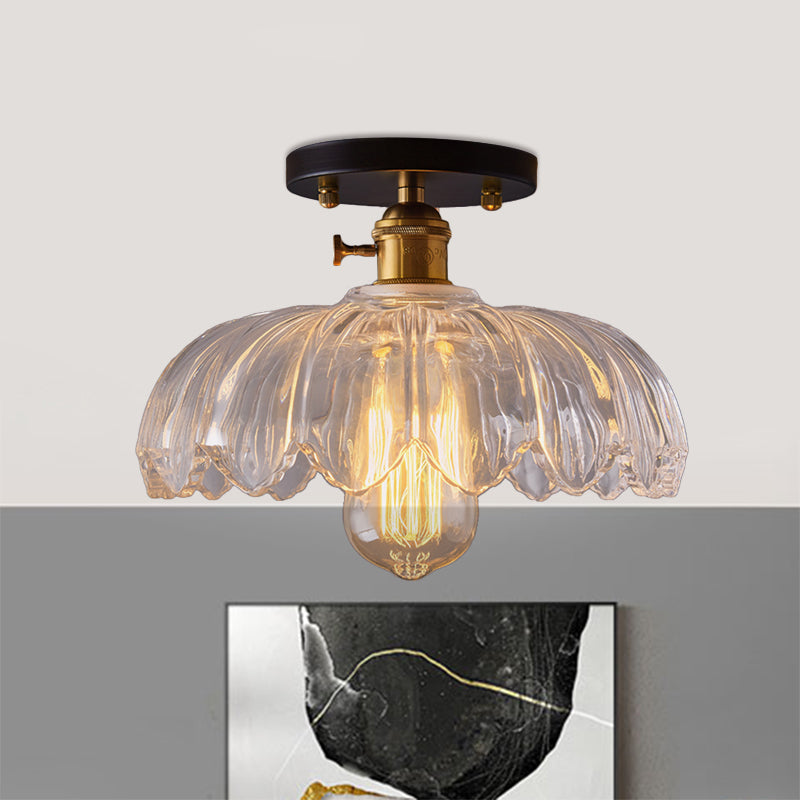 Industrial Prismatic Glass Semi-Flush Ceiling Light with Scalloped Design - White/Amber