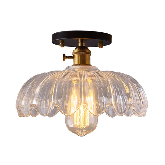 Industrial Prismatic Glass Semi-Flush Ceiling Light with Scalloped Design - White/Amber