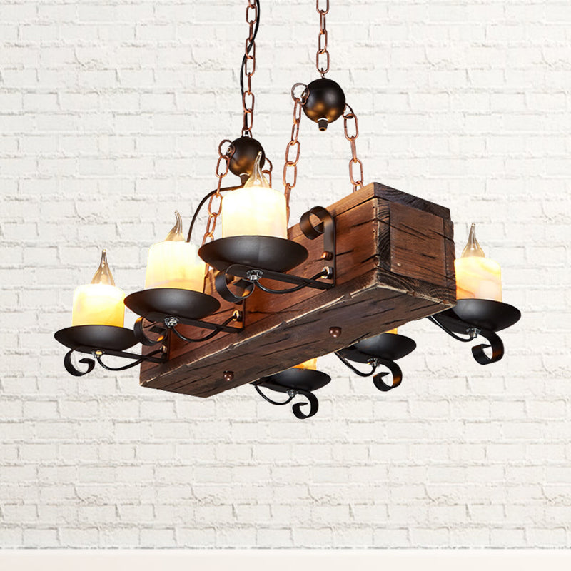 Rustic Marble Candle Pendant Light With Wood Design - 6/8-Light Island Hanging Lamp In Brown 6 /