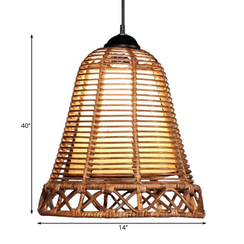 Rustic Rattan Bell-Shaped Hanging Light: Beige 1-Head Drop Light For Living Room & Restaurant