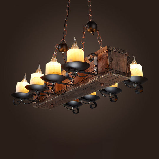 Rustic Marble Candle Pendant Light With Wood Design - 6/8-Light Island Hanging Lamp In Brown