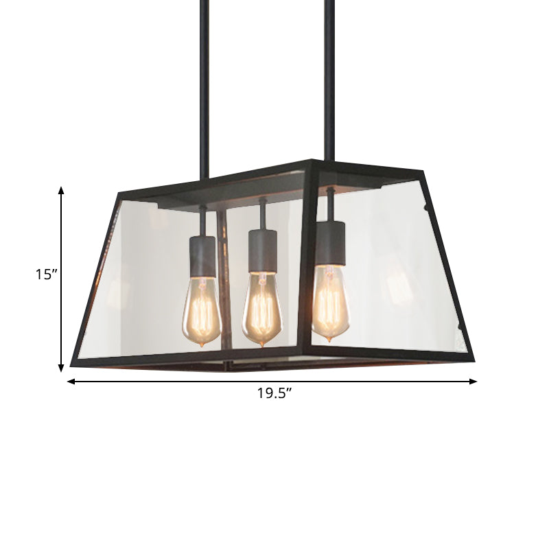 Industrial Black Trapezoid Kitchen Island Light With 3 Clear Glass Bulbs