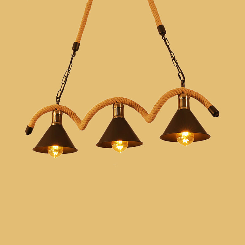 Rustic Metal Cone Island Ceiling Light With Rope And Chain - Brown