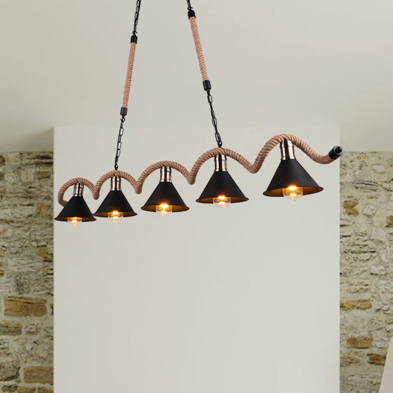 Rustic Metal Cone Island Ceiling Light With Rope And Chain - Brown