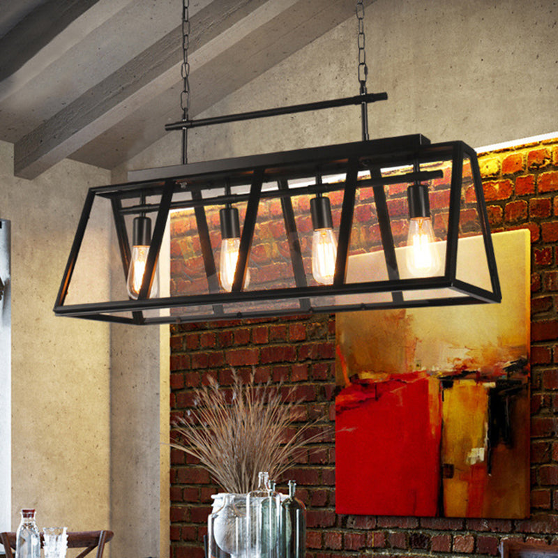 Rustic Clear Glass Island Pendant Light With Triangular Frame And 4 Black Hanging Lamps For Coffee