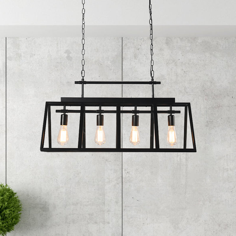 Rustic Clear Glass Island Pendant Light With Triangular Frame And 4 Black Hanging Lamps For Coffee