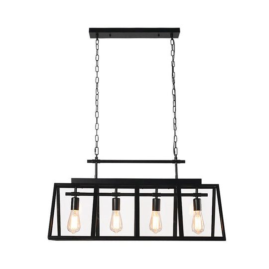 Rustic Clear Glass Island Pendant Light With Triangular Frame And 4 Black Hanging Lamps For Coffee