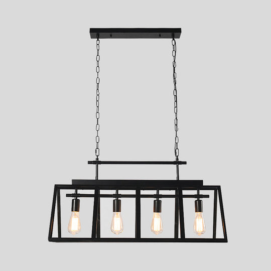 Rustic Clear Glass Island Pendant Light With Triangular Frame And 4 Black Hanging Lamps For Coffee