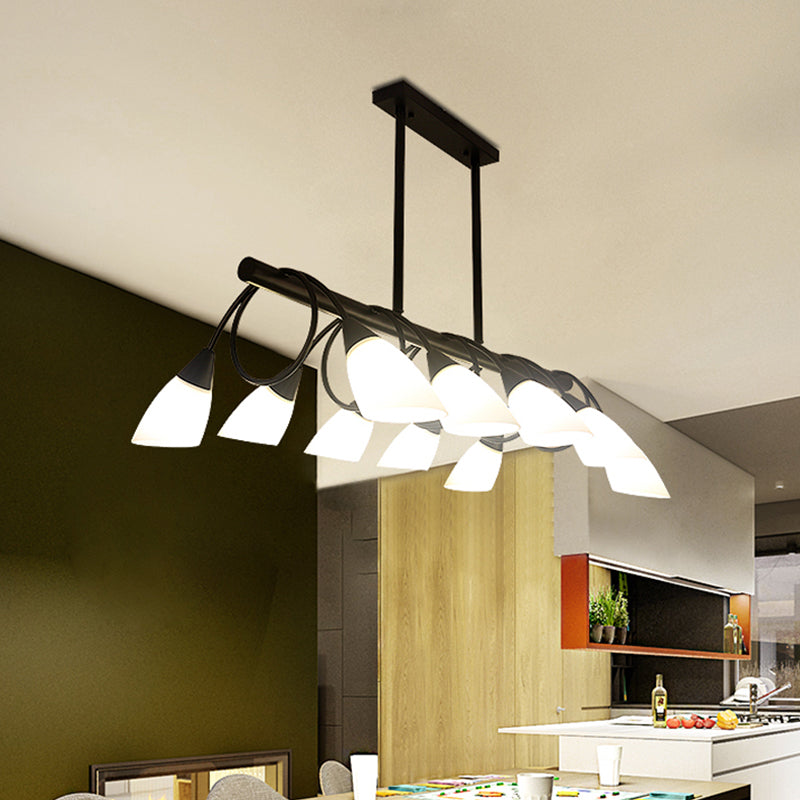 Modern White Glass Linear Kitchen Pendant Light Fixture - 6/8/10 Lights Black Hanging Lamp Kit