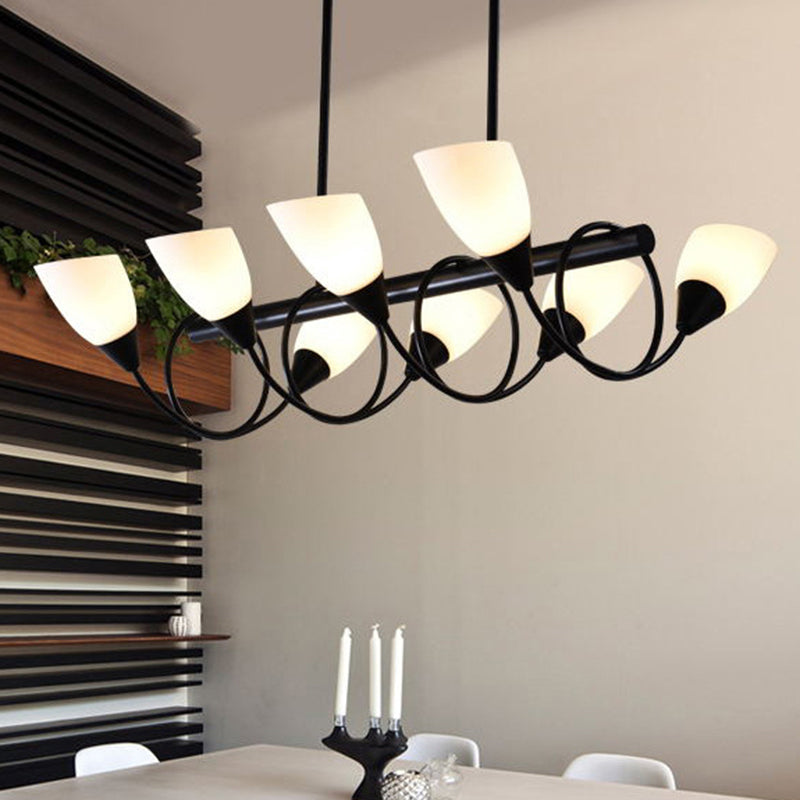 Modern White Glass Linear Kitchen Pendant Light Fixture - 6/8/10 Lights Black Hanging Lamp Kit