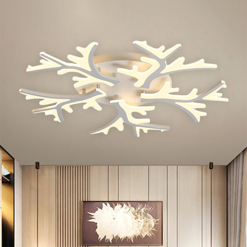 Contemporary Branch Acrylic Flush Light - White Ceiling Mount Fixture with Warm/White/Natural Light - 3/5/9 Heads