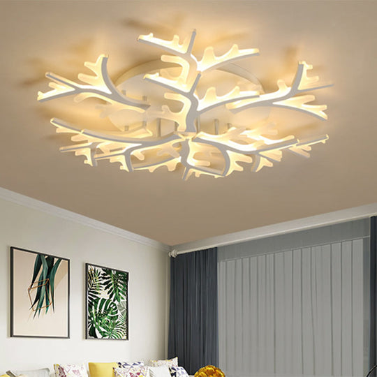 Contemporary Branch Acrylic Flush Light - White Ceiling Mount Fixture with Warm/White/Natural Light - 3/5/9 Heads