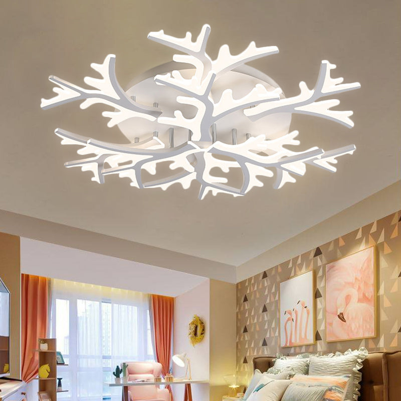 Contemporary Branch Acrylic Flush Light - White Ceiling Mount Fixture with Warm/White/Natural Light - 3/5/9 Heads