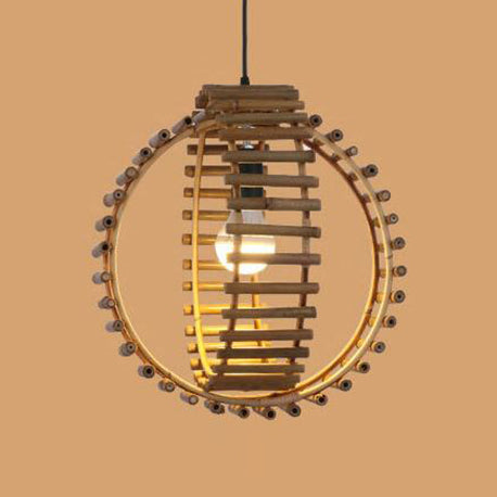 Rustic Double Rings Pendant Bamboo Stick Suspension Lamp - Single Bulb Foyer Lighting in Beige