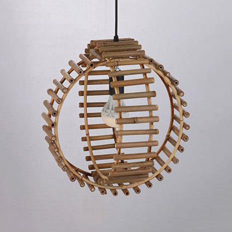 Rustic Bamboo Stick Pendant Lamp With Double Rings - Single Bulb Foyer Suspension Beige