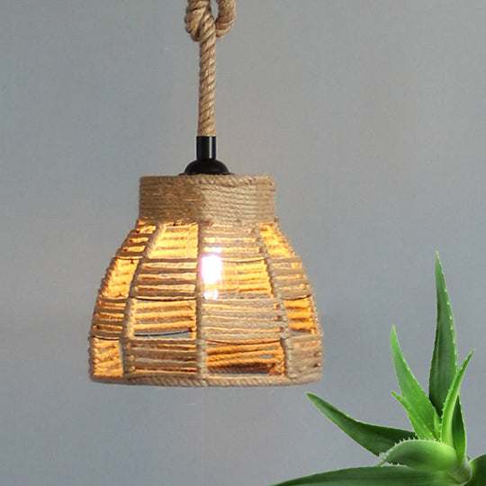 Vintage Industrial Beige Domed Pendant Lighting With Natural Rope - 1-Light Hanging Lamp 10/14 Width