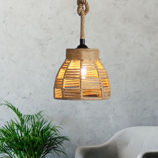 Vintage Industrial Beige Domed Pendant Lighting With Natural Rope - 1-Light Hanging Lamp 10/14 Width