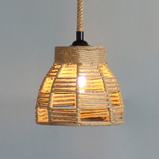 Vintage Industrial Beige Domed Pendant Lighting With Natural Rope - 1-Light Hanging Lamp 10/14 Width