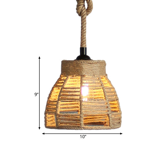 Vintage Industrial Beige Domed Pendant Lighting With Natural Rope - 1-Light Hanging Lamp 10/14 Width