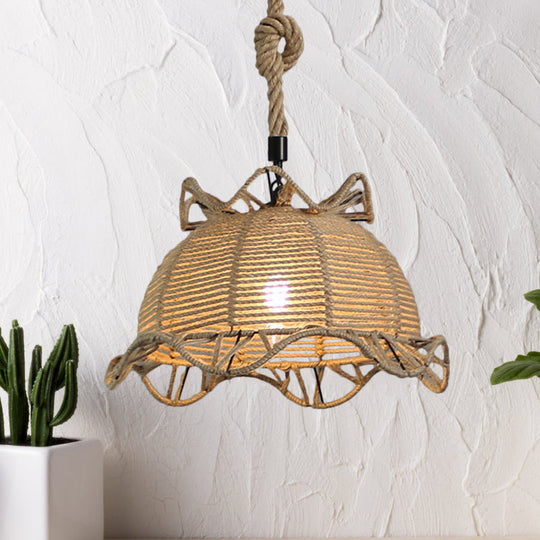 Vintage Industrial Beige Domed Pendant Lighting With Natural Rope - 1-Light Hanging Lamp 10/14 Width