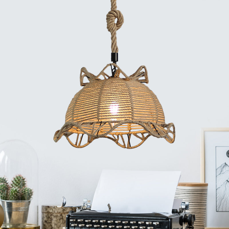 Vintage Industrial Beige Domed Pendant Lighting with Natural Rope - 1-Light Restaurant Hanging Lamp, 10" or 14" Width