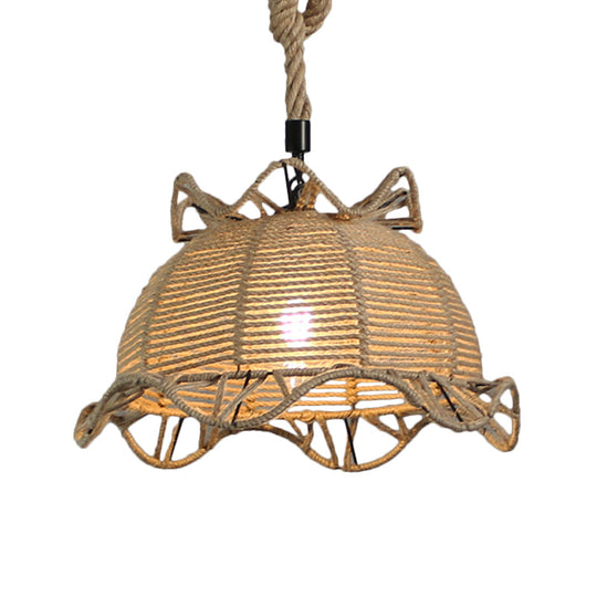 Vintage Industrial Beige Domed Pendant Lighting with Natural Rope - 1-Light Restaurant Hanging Lamp, 10" or 14" Width