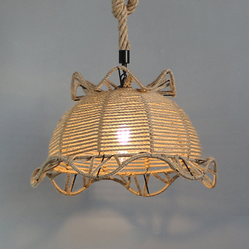 Vintage Industrial Beige Domed Pendant Lighting with Natural Rope - 1-Light Restaurant Hanging Lamp, 10" or 14" Width