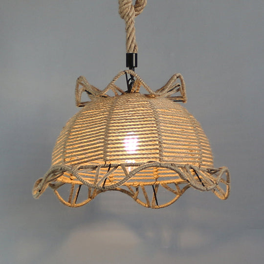 Vintage Industrial Beige Domed Pendant Lighting with Natural Rope - 1-Light Restaurant Hanging Lamp, 10" or 14" Width