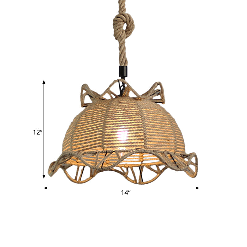 Vintage Industrial Beige Domed Pendant Lighting with Natural Rope - 1-Light Restaurant Hanging Lamp, 10" or 14" Width