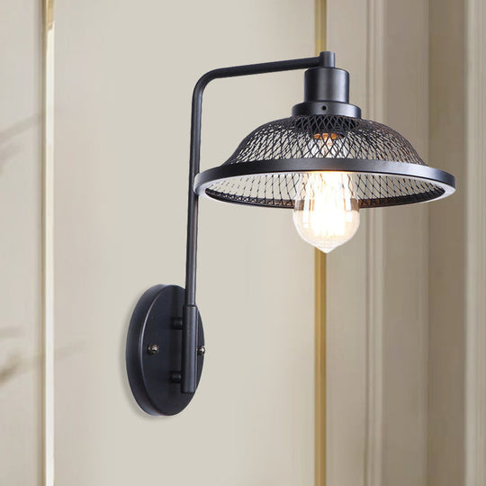 Retro Style Flared Restaurant Sconce: Mesh Shade Wrought Iron Wall Lamp (1 Bulb) In Black/Rust Black