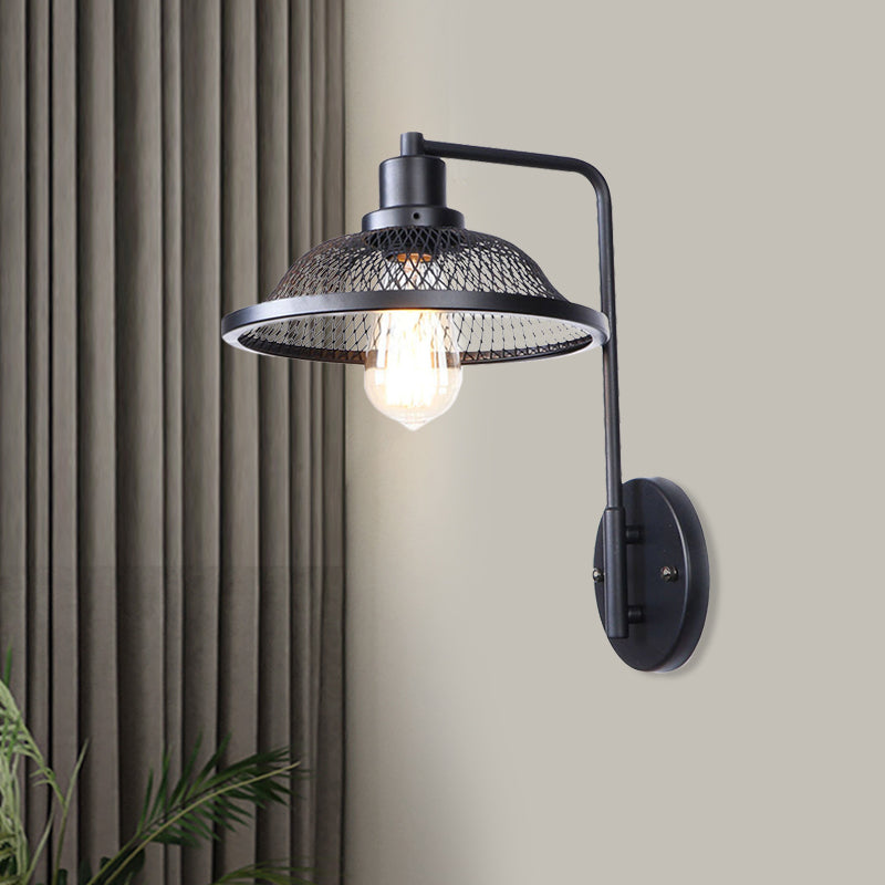 Retro Style Flared Restaurant Sconce: Mesh Shade Wrought Iron Wall Lamp (1 Bulb) In Black/Rust