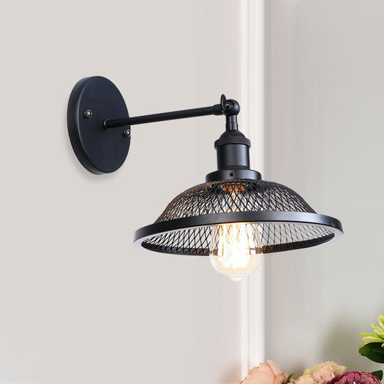 Retro Style Flared Restaurant Sconce: Mesh Shade Wrought Iron Wall Lamp (1 Bulb) In Black/Rust Black