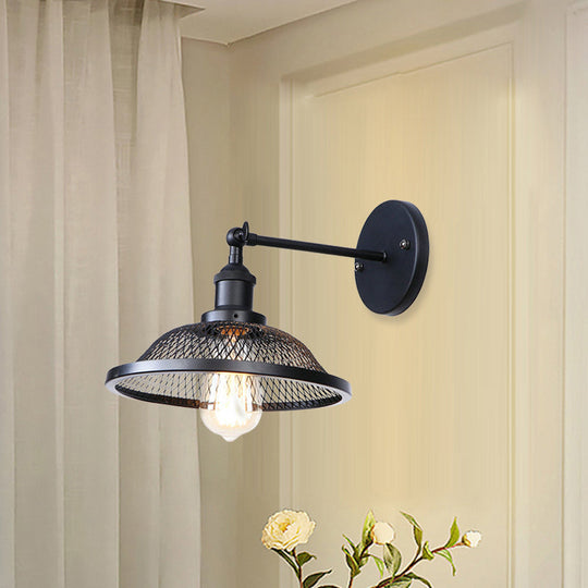 Retro Style Flared Restaurant Sconce: Mesh Shade Wrought Iron Wall Lamp (1 Bulb) In Black/Rust