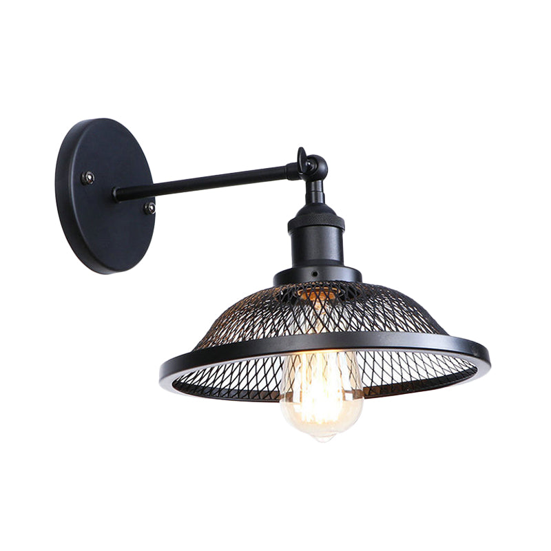 Retro Style Flared Restaurant Sconce: Mesh Shade Wrought Iron Wall Lamp (1 Bulb) In Black/Rust